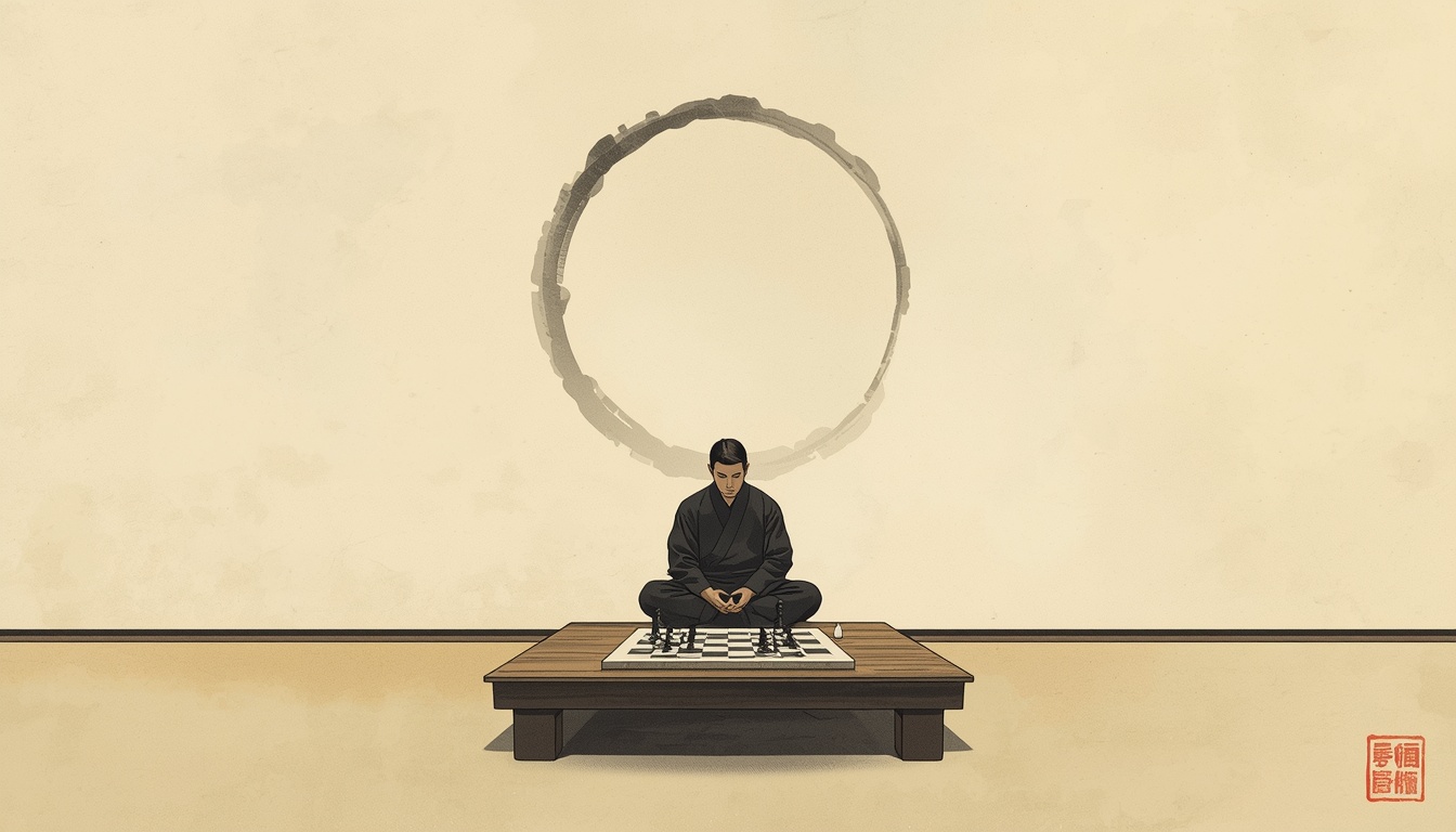 lucid-origin_A_lone_figure_seated_cross-legged_at_a_low_wooden_table_in_a_quiet_dojo_at_dawn_-0